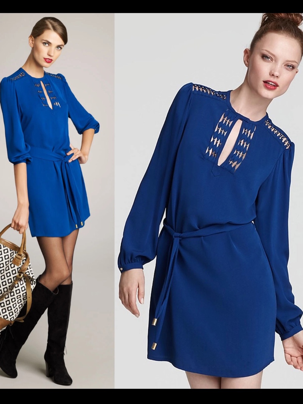 Diane Von Furstenberg Cobalt Blue Long Sleeve Tie-Waist V-Neck Blouse